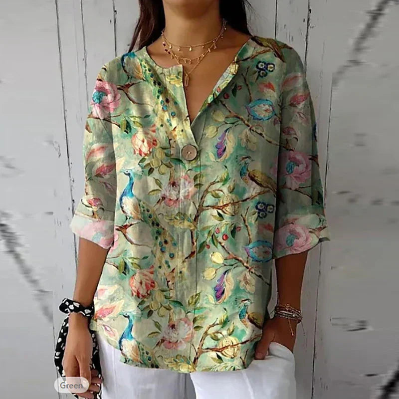 Dames Zomerse Bloemen Blouse | Losvallend, V-hals