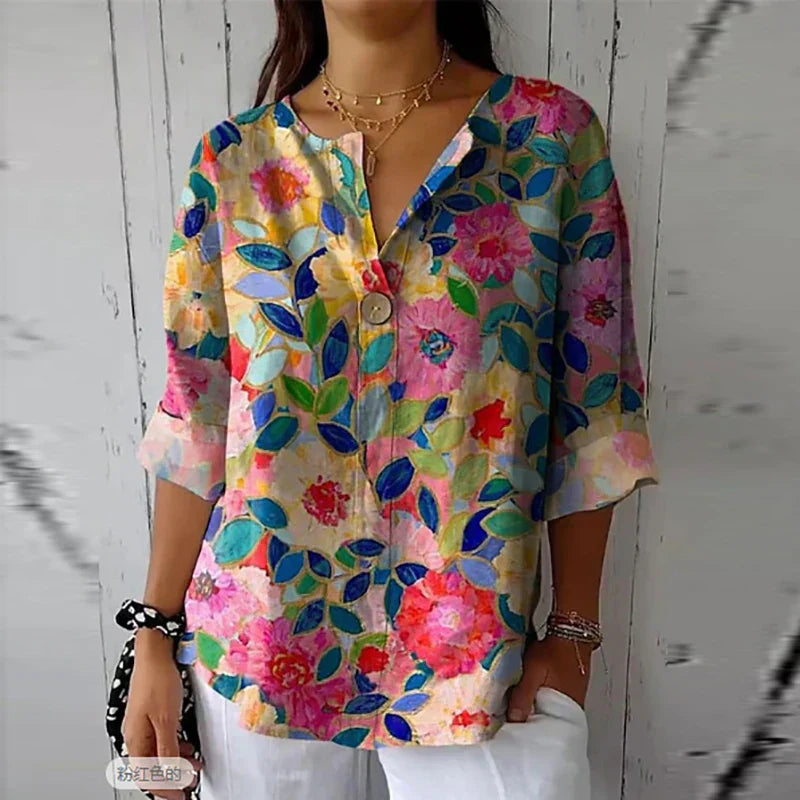 Dames Zomerse Bloemen Blouse | Losvallend, V-hals