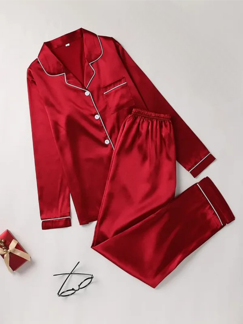 Dames luxe satijnen pyjama set | Lange mouwen knoopsluiting