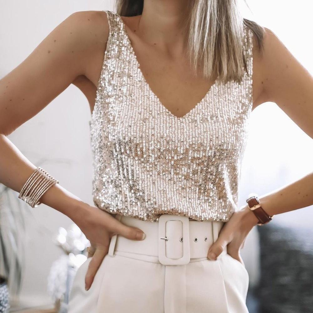 Dames Zomerse Glinsterende Top | Pailletten, Mouwloos