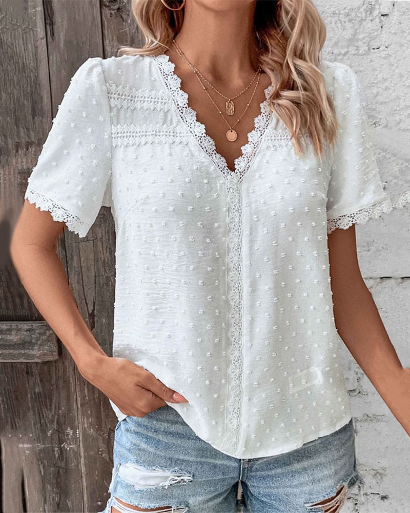 Dames Zomerse Kanten Blouse | V-hals, Kortemouw