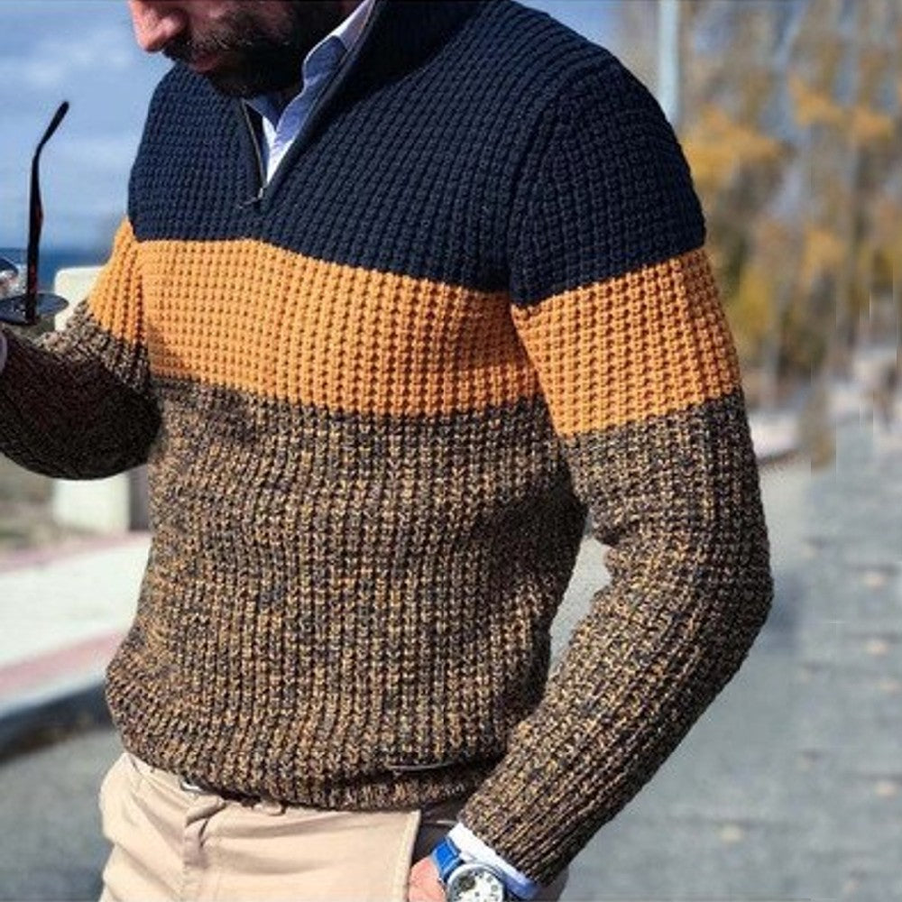 Heren Grofgebreide Pullover | Korte Rits in Kleurenblokstijl
