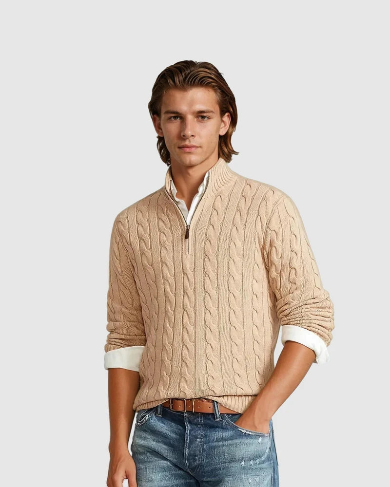 Heren Kabelgebreide Pullover | Korte Ritsstijl
