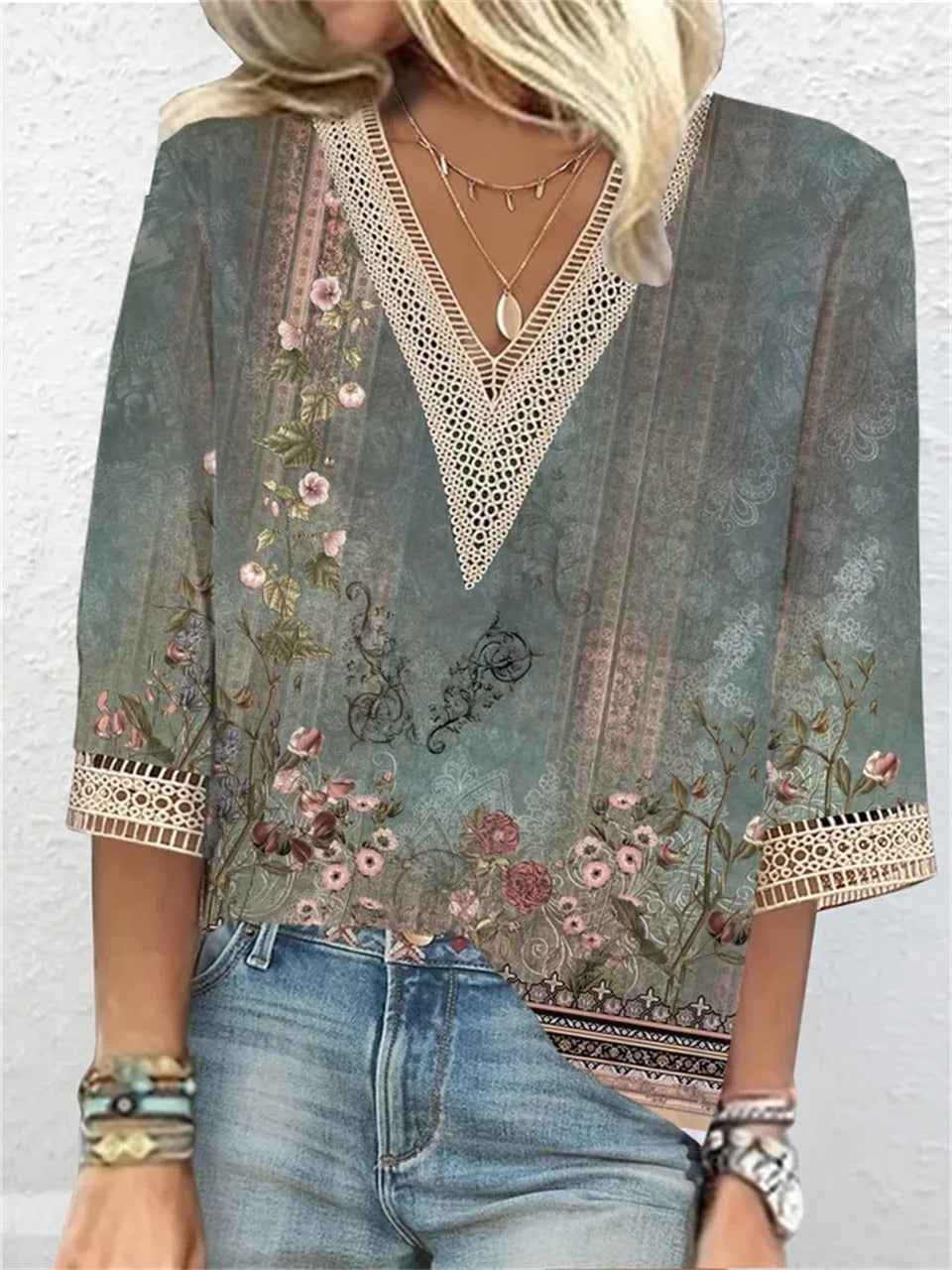 Dames Zomerse Glitter Blouse | V-hals, Kantdetail