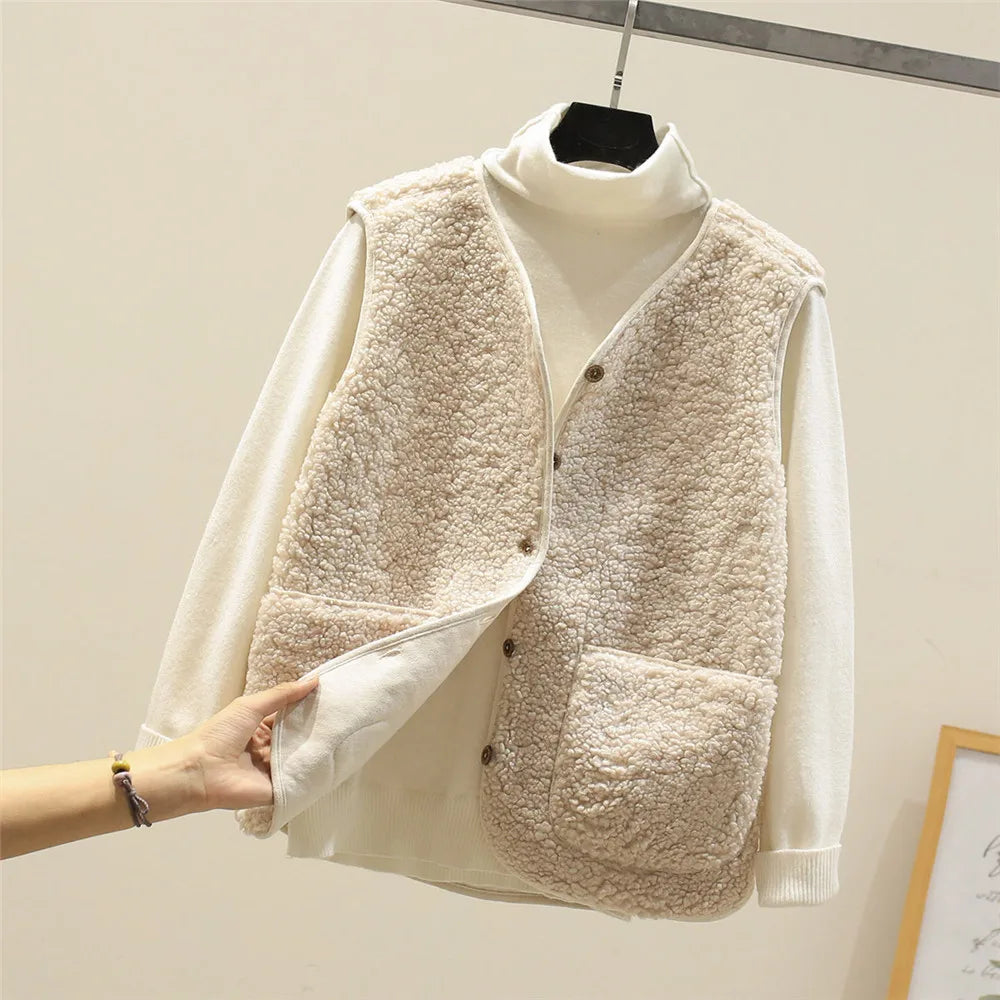 Dames warme fleece gebreid vest | lang mouwloos