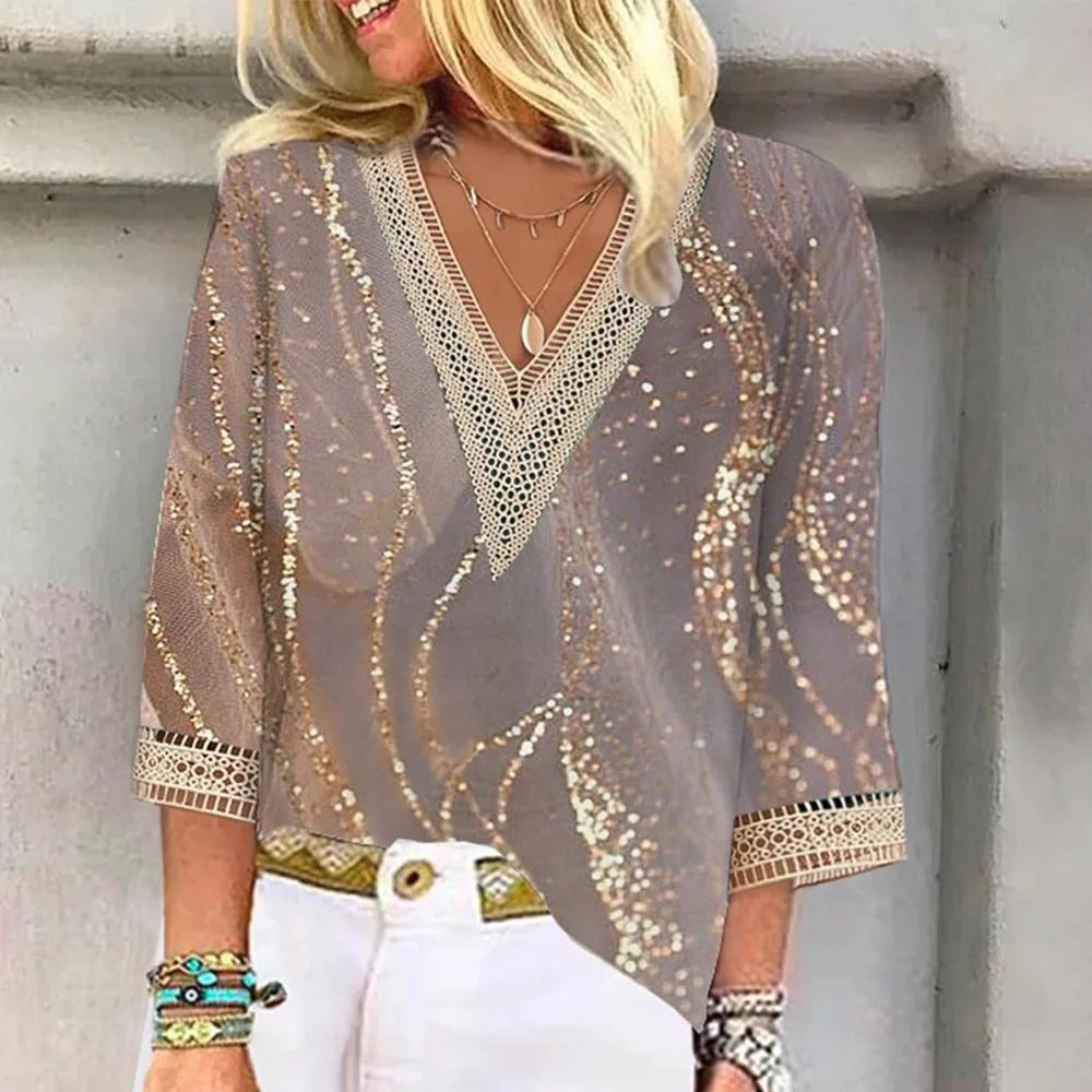 Dames Zomerse Glitter Blouse | V-hals, Kantdetail