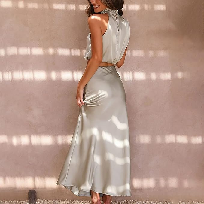 Dames Zomer Satijnen Set | Lang, Mouwloos