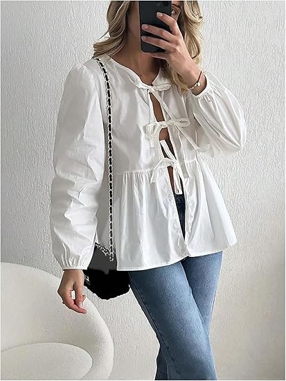 Dames Witte Blouse | Strik Lange Mouwen