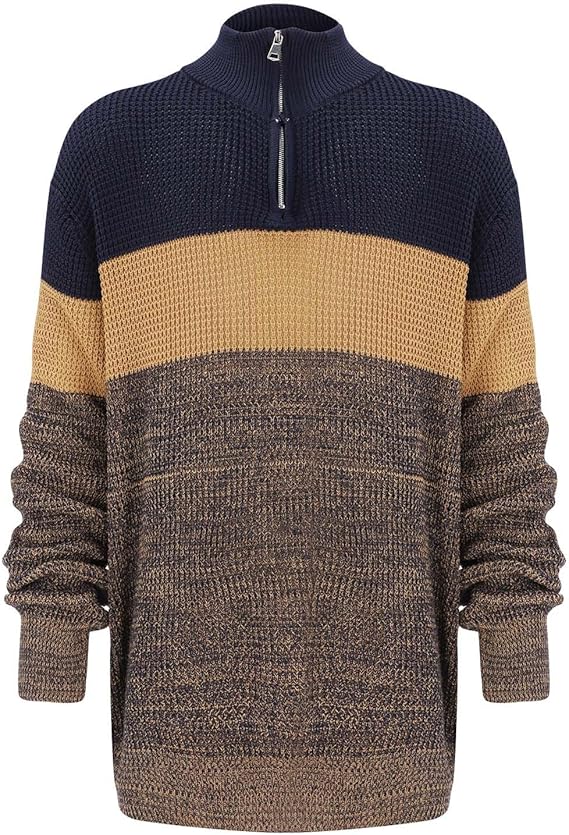 Heren Grofgebreide Pullover | Korte Rits in Kleurenblokstijl