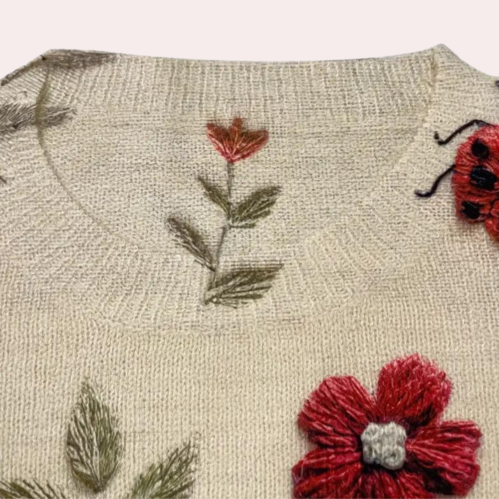 Dames Oversized Gebreide Pullover | Warm, Met Bloemenborduursel