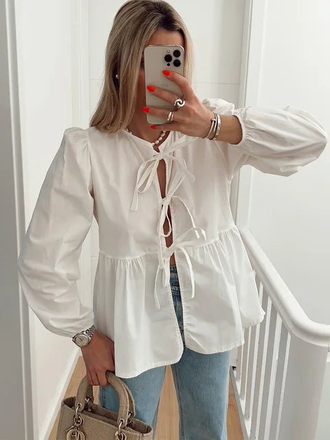 Dames Witte Blouse | Strik Lange Mouwen