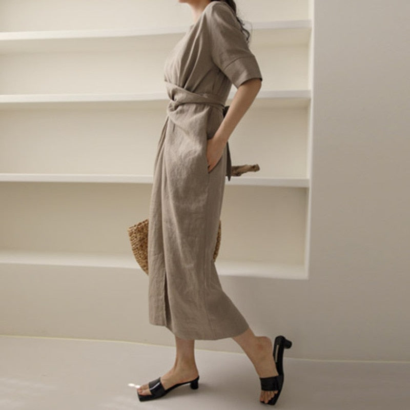 Dames Linnen Elegante Zomerjurk | Midi