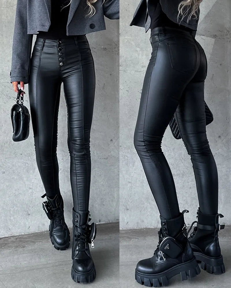 Dames Modieuze Lange Broek | Hoge Taille, Knoopsluiting