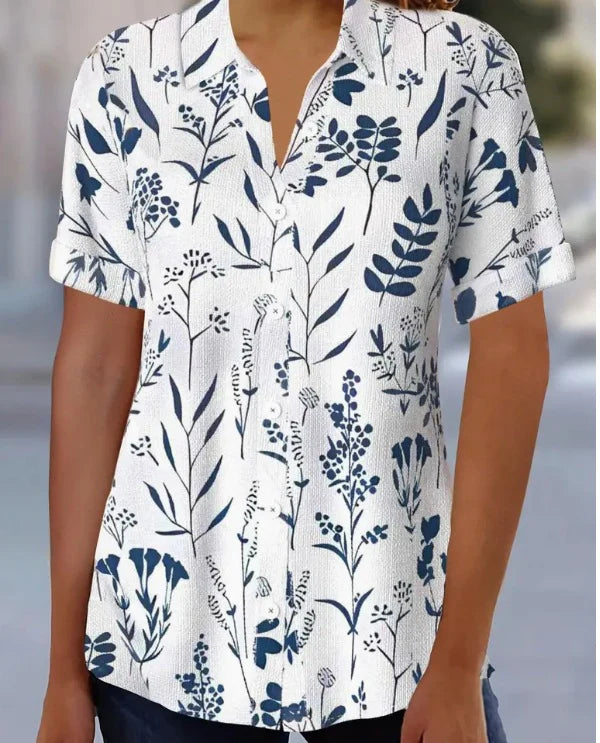 Dames Zomerse Botanische Blouse | Knoopsluiting, Kortemouw