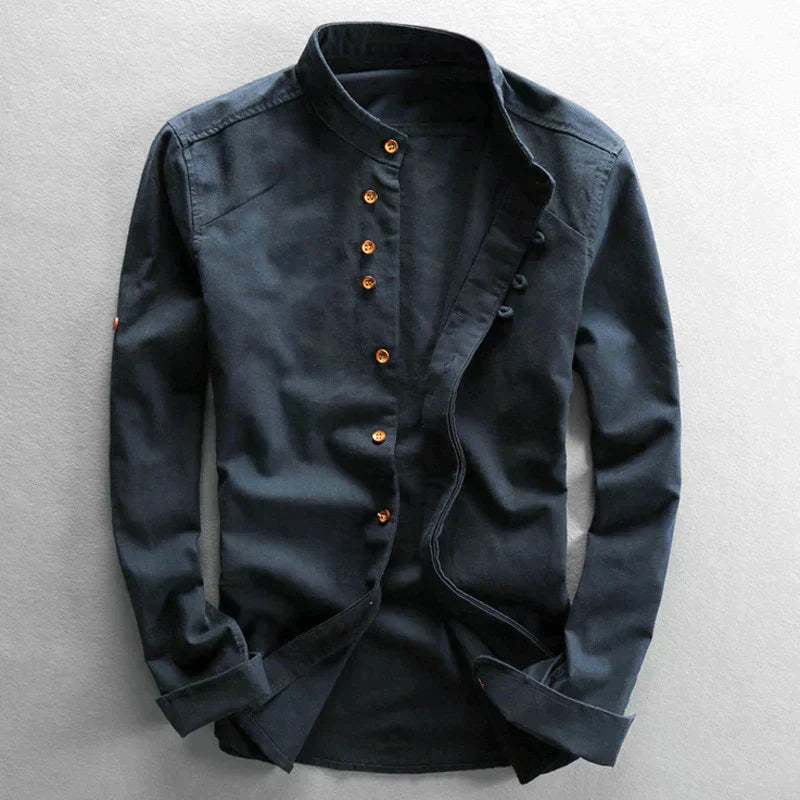 Heren Zwart Shirt | Opstaande Kraag Lange Mouw