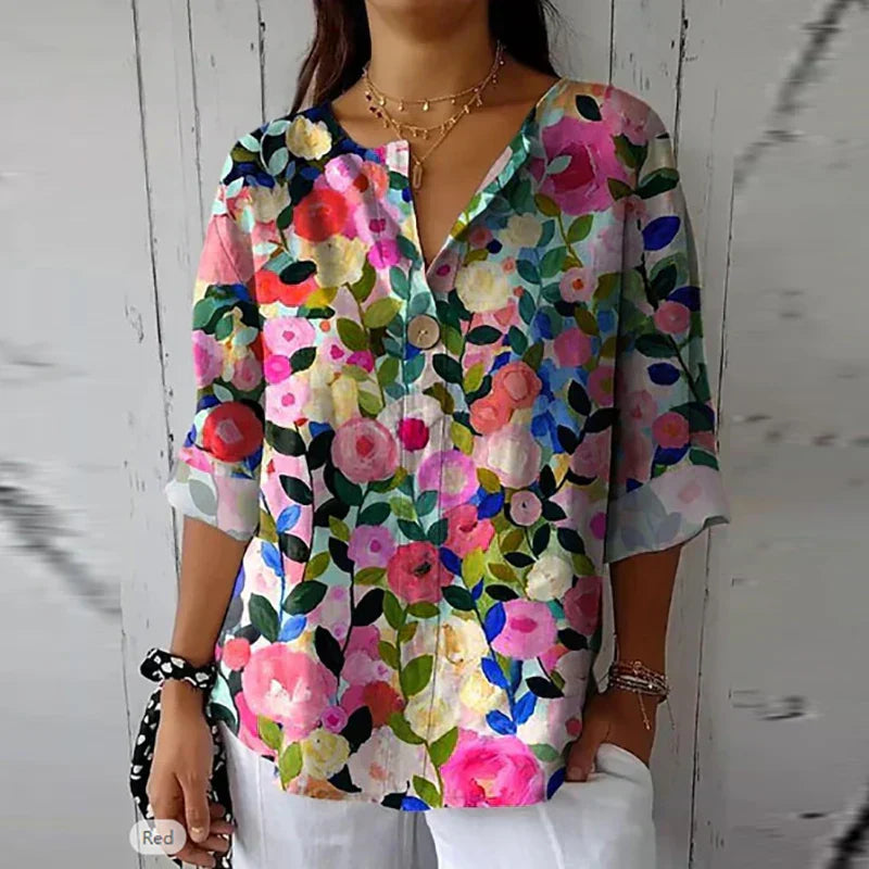 Dames Zomerse Bloemen Blouse | Losvallend, V-hals