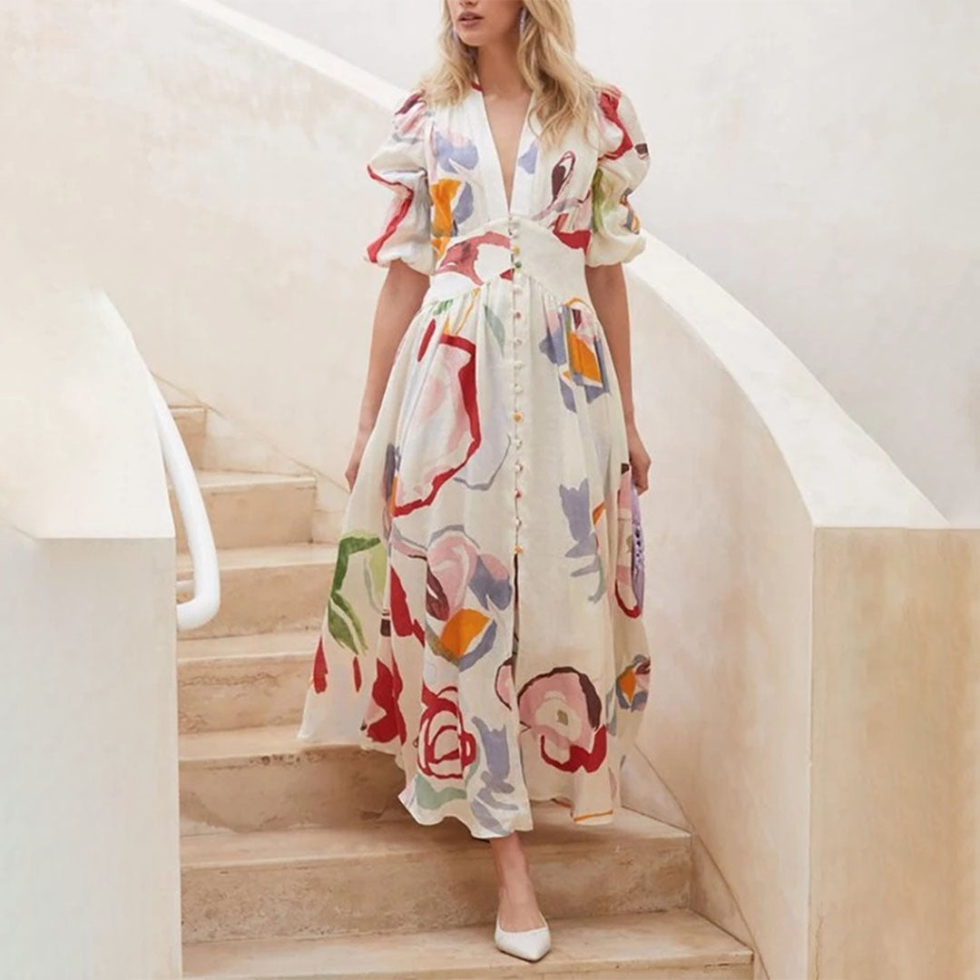 Dames Artistieke Bloemenprint Zomerjurk | Midi
