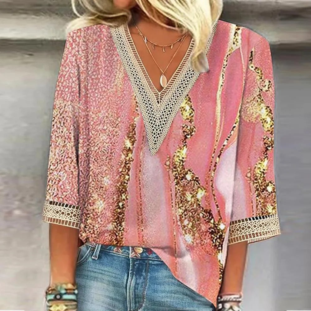 Dames Zomerse Glitter Blouse | V-hals, Kantdetail