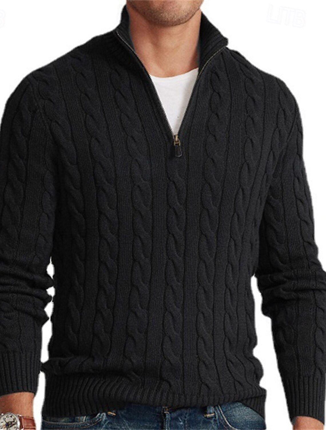 Heren Kabelgebreide Pullover | Korte Ritsstijl