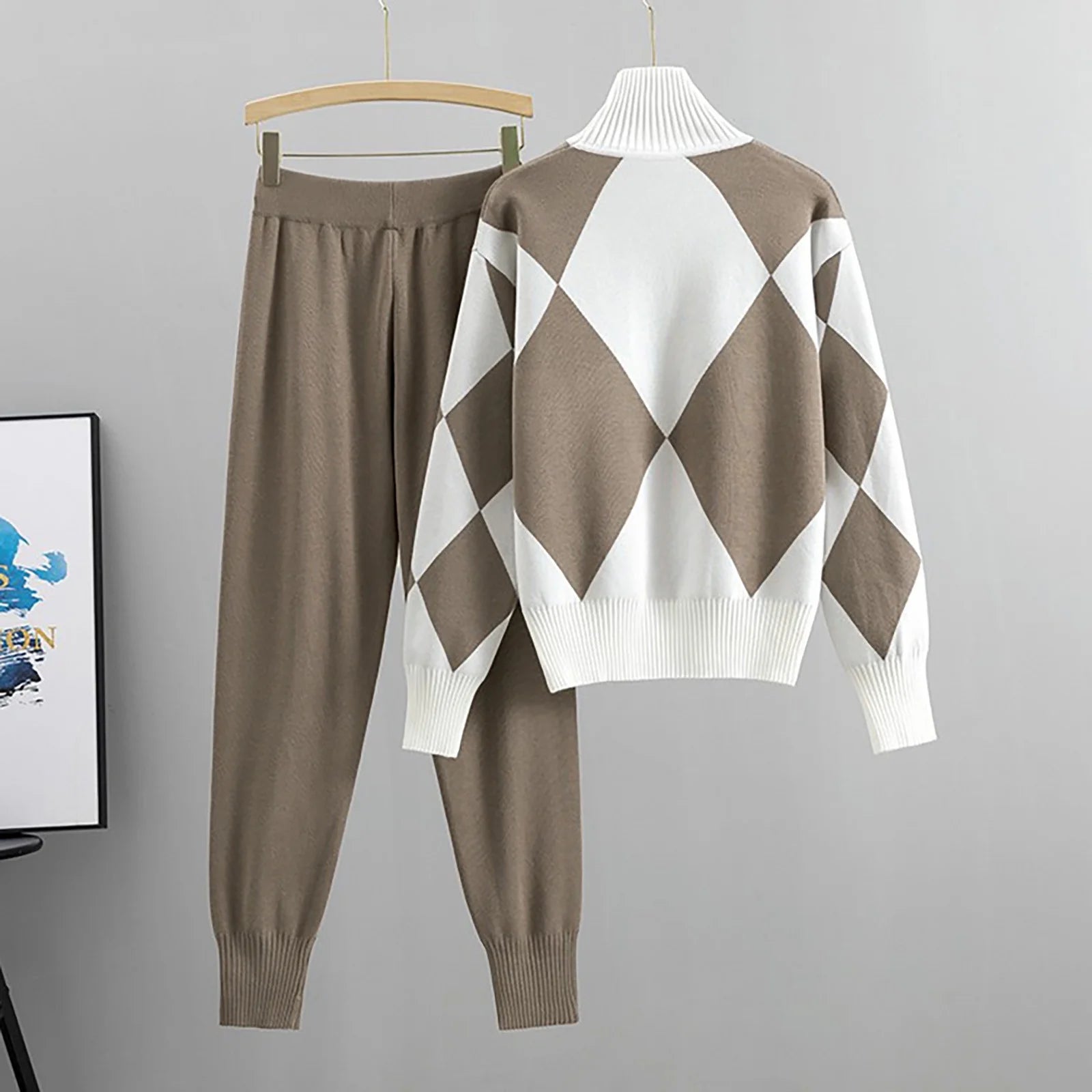 Dames gebreide argyle lounge set | Comfortabel, vintage