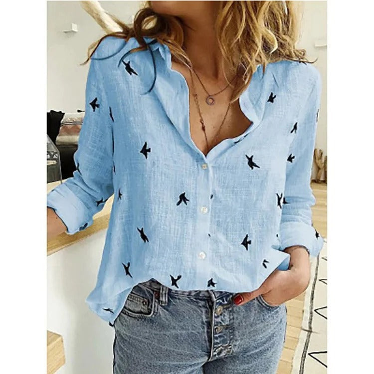 Dames Zomerse Luchtige Blouse | Zwaluwprint, Knoopsluiting