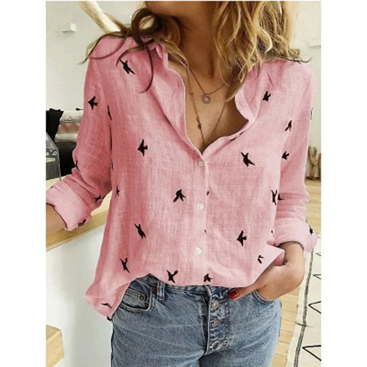 Dames Zomerse Luchtige Blouse | Zwaluwprint, Knoopsluiting