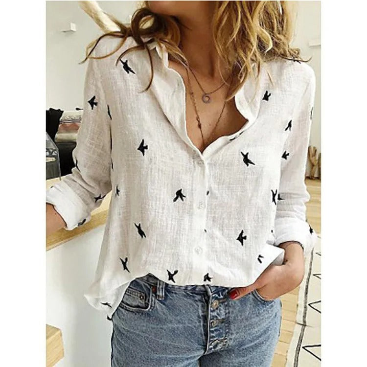 Dames Zomerse Luchtige Blouse | Zwaluwprint, Knoopsluiting