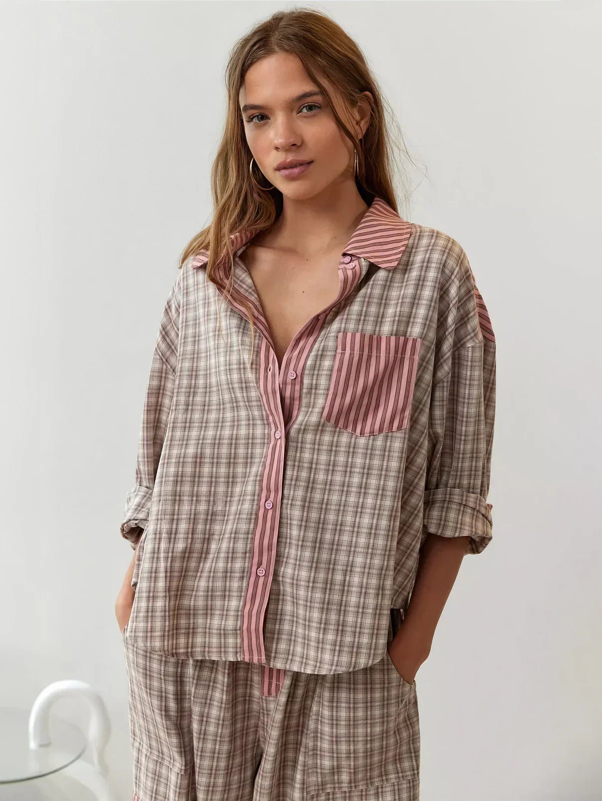Dames Geruite Lounge Pyjama Set | Lange Mouwen Knoopsluiting