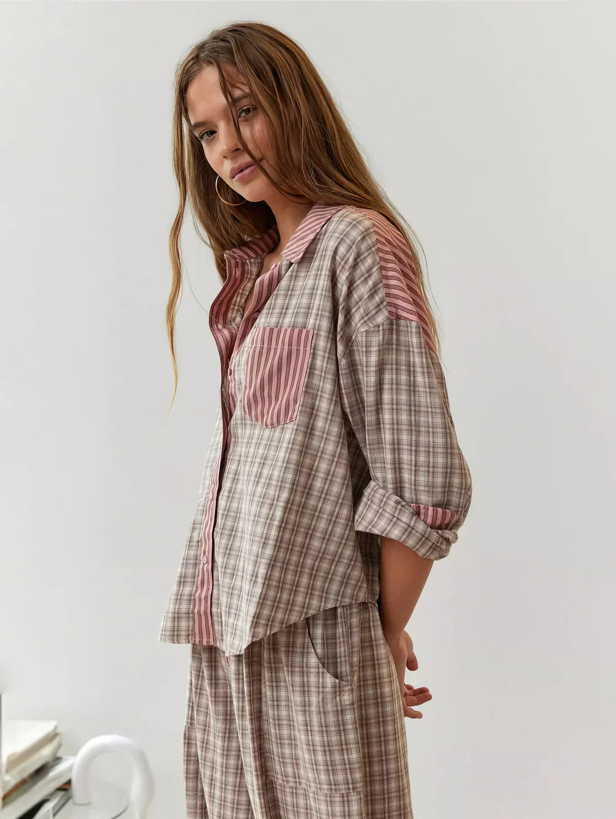 Dames Geruite Lounge Pyjama Set | Lange Mouwen Knoopsluiting