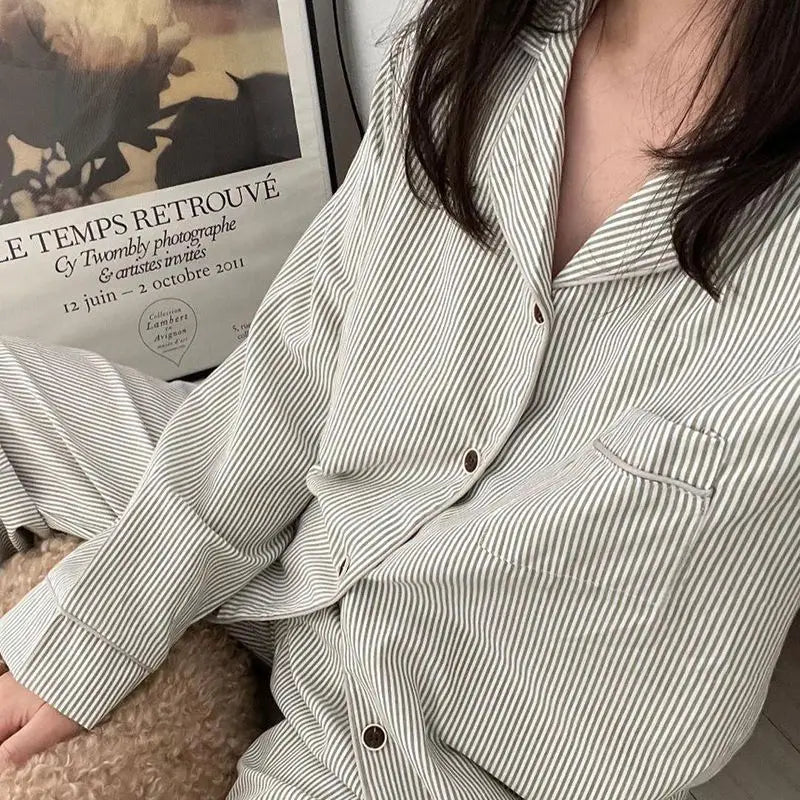 Dames Gestreepte Katoenen Pyjama Set | Lange Mouwen Brede Pijpen